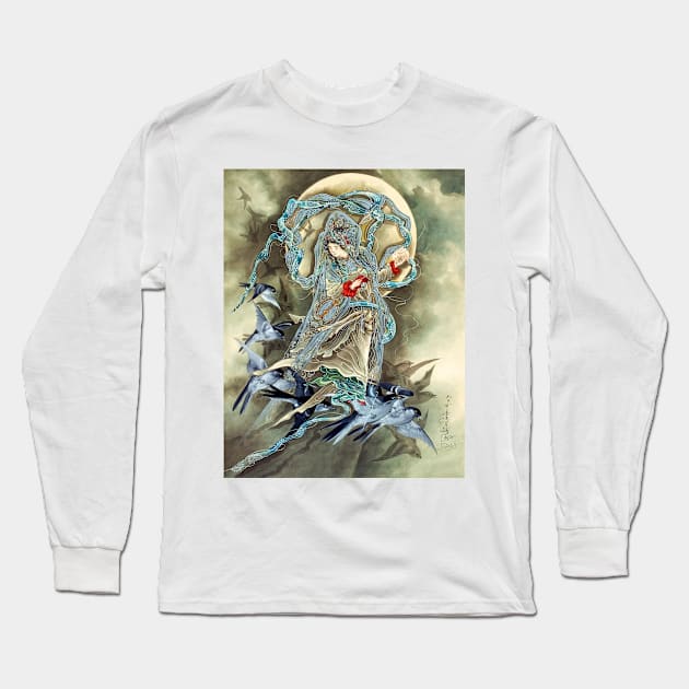 Woman Against a Full Moon Accompanied by Birds, Toshio Aoki 1890s Long Sleeve T-Shirt by rocketshipretro